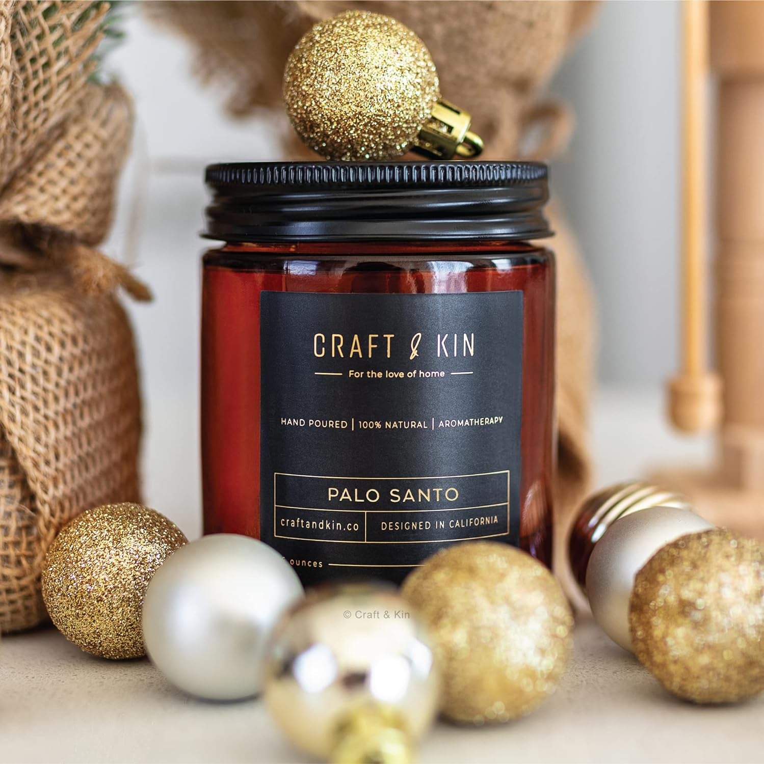 Craft and Kin Candle, Premium Christmas Scented Candles for Men & Women, Palo Santo Candles, Candle, Soy Candles for Home Scented, 8 Oz 45 Hour Burn, Holiday Candles for Home in Amber Jar